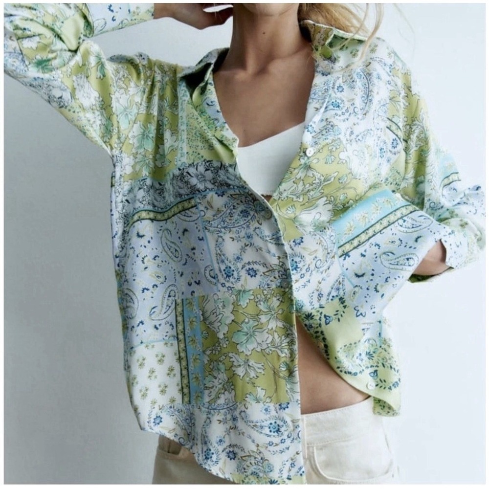 Zara Satin Paisley Patchwork Top Womens Small Button Front Green Blue